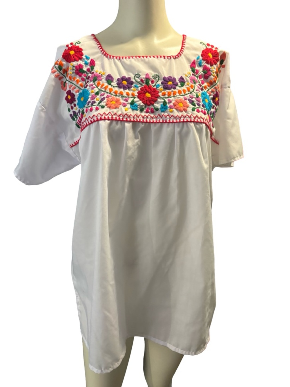 Mexican  White Tunic with Bright Multicolor Floral Embroidery L